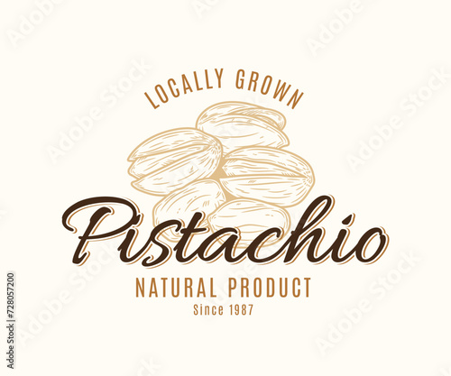Vector pistachio vintage logo, nuts label design, pistachio kernels and shells