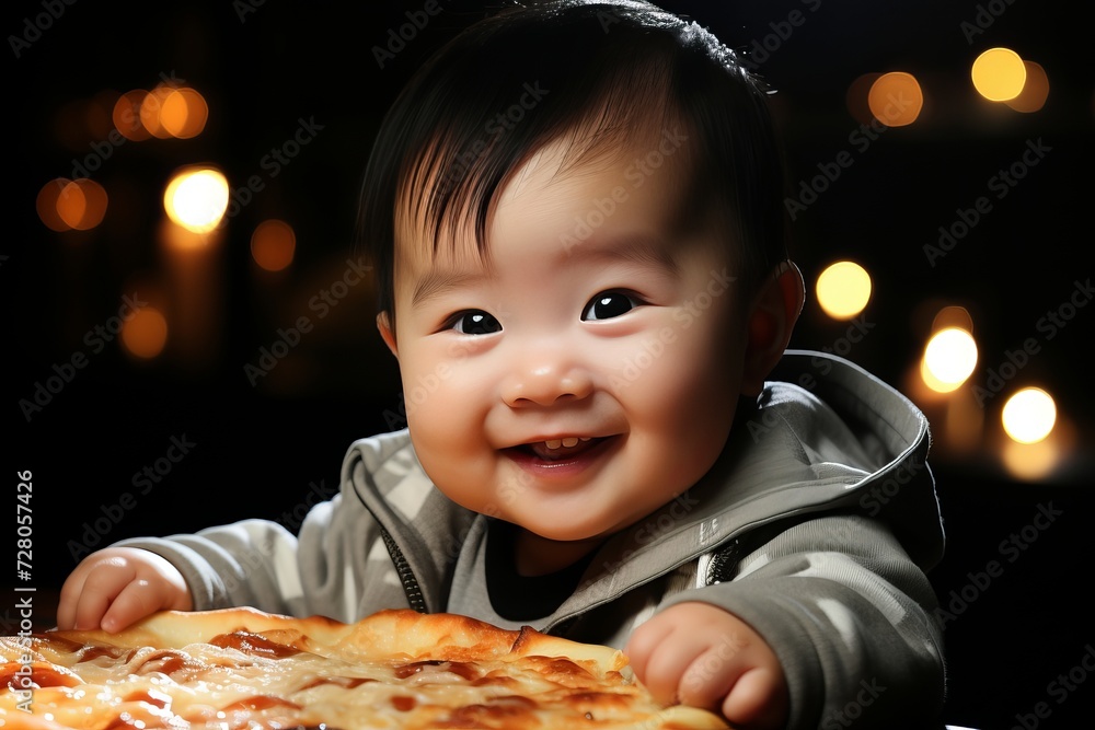 Naklejka premium Cute asian baby boy eating pizza on dark background, closeup