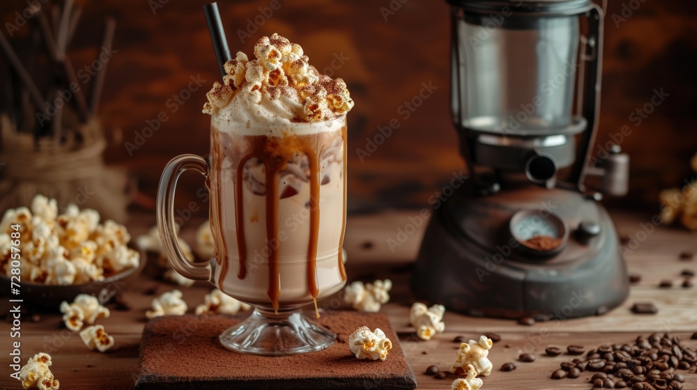 Sweet Milkshake with caramel syrup, caramel popcorn and coffee grinder on the table. generative AI Sweet Milkshake with caramel syrup, caramel popcorn and coffee grinder on the table. generative AI