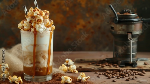 Sweet Milkshake with caramel syrup, caramel popcorn and coffee grinder on the table. generative AI