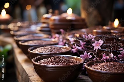 Aromatic cocoa powder in terracotta bowls with floral accents and candlelight