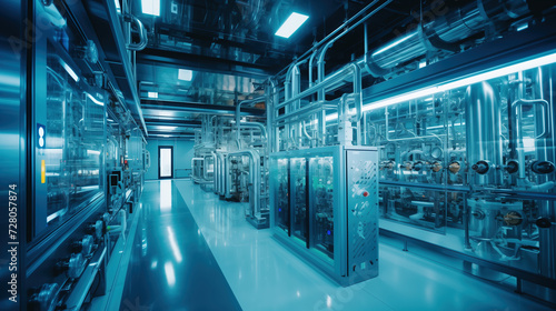 Large brightly lit hall with modern industrial equipment and metal pipes. Interior of a production factory using advanced technology.