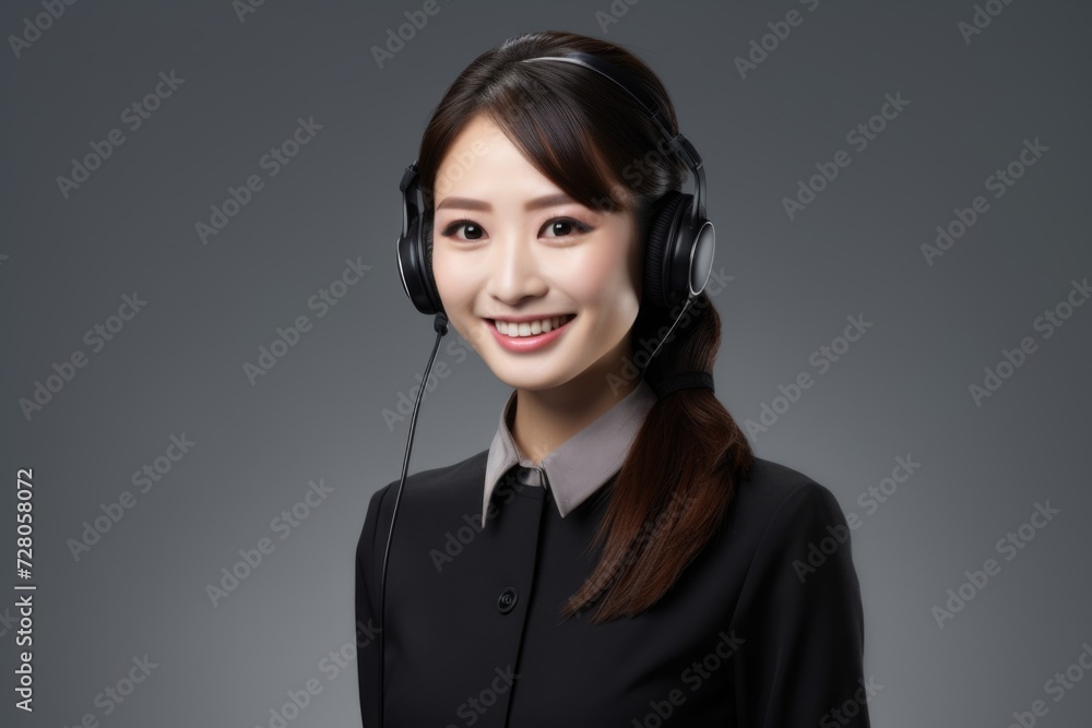 The photo captures the poised presence of an Asian call center employee, wearing a headset and smiling with warmth and professionalism. The photo captures the poised presence of an Asian call center employee, wearing a headset and smiling with warmth and professionalism.