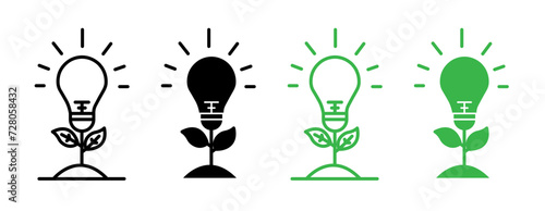 Sustainable Power Bulb Line Icon. Eco-Friendly Energy Light Icon in Black and White Color. photo