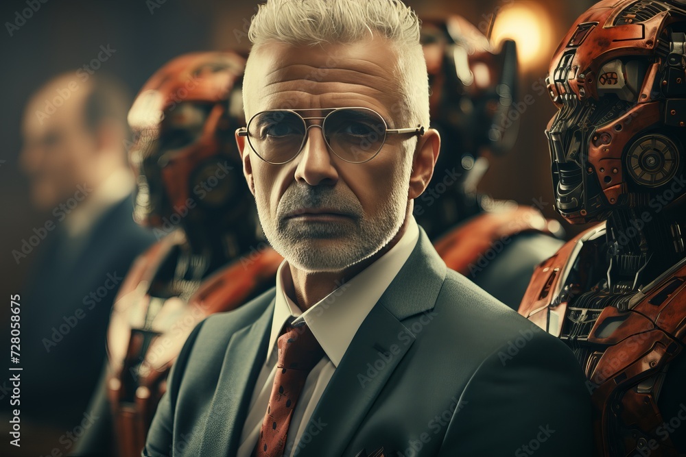 Portrait of a handsome mature man in glasses and a suit posing in an industrial robot