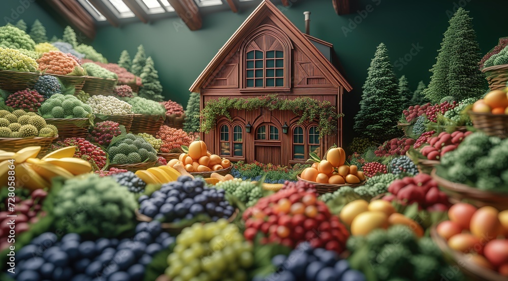 Wholesome 3D fruit market brimming with colorful displays of fresh produce, from succulent berries to tropical delights, promoting healthy eating and vibrant living
