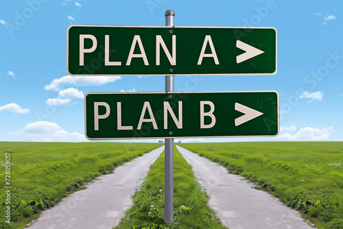 Two directional signs with arrows saying Plan A and Plan B, pointing in the same direction photo