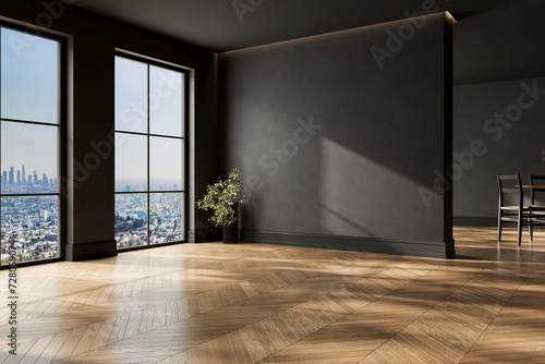 Modern black interior empty room , table with chairs. Mock up. Suitable for interior rooms furniture template.