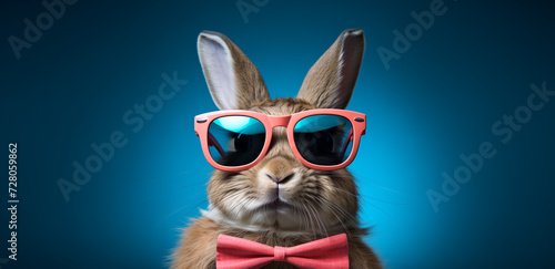 Rabbit in sunglasses with a bow tie on a blue background.