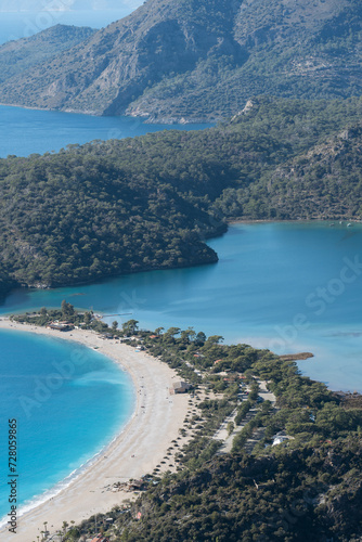 The bird's-eye view captures Oludeniz Beach with its clear turquoise embrace, set against verdant hills.