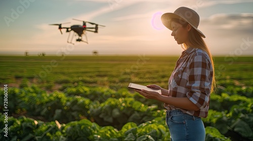 a female farmer holding a tablet device, utilizing AI technology to control agriculture drones, providing an overview of the AI integration in modern agricultural practices.