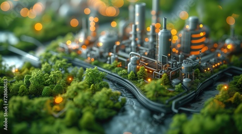 Sprawling 3D industrial park with factories equipped with eco-friendly technologies such as carbon capture and renewable energy, sustainable industrial development, green manufacturing