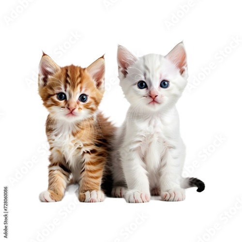 Two Cute Kittens Sitting Together on White Background, One Orange and One White with Dark Markings