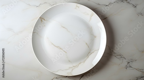 Top View of an empty Plate in ivory Colors on a white Marble Background. Elegant Template with Copy Space
