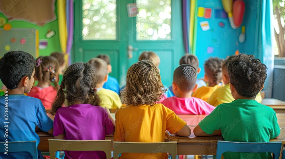 children, 7 years old, engaged in an English lesson, each wearing T-shirts of different colors, showcasing a lively and diverse learning environment. children, 7 years old, engaged in an English lesson, each wearing T-shirts of different colors, showcasing a lively and diverse learning environment.