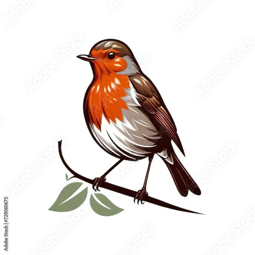 Vibrant Sparrow Illustration, Perched Bird on Branch with Green Leaves, Detailed Feathers Artwork