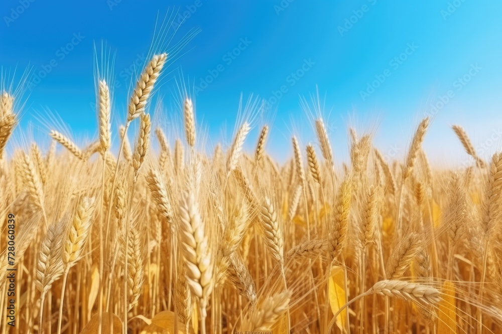 Fototapeta premium Close up view on wheat field during nice sunny golden hour. Generative Ai.
