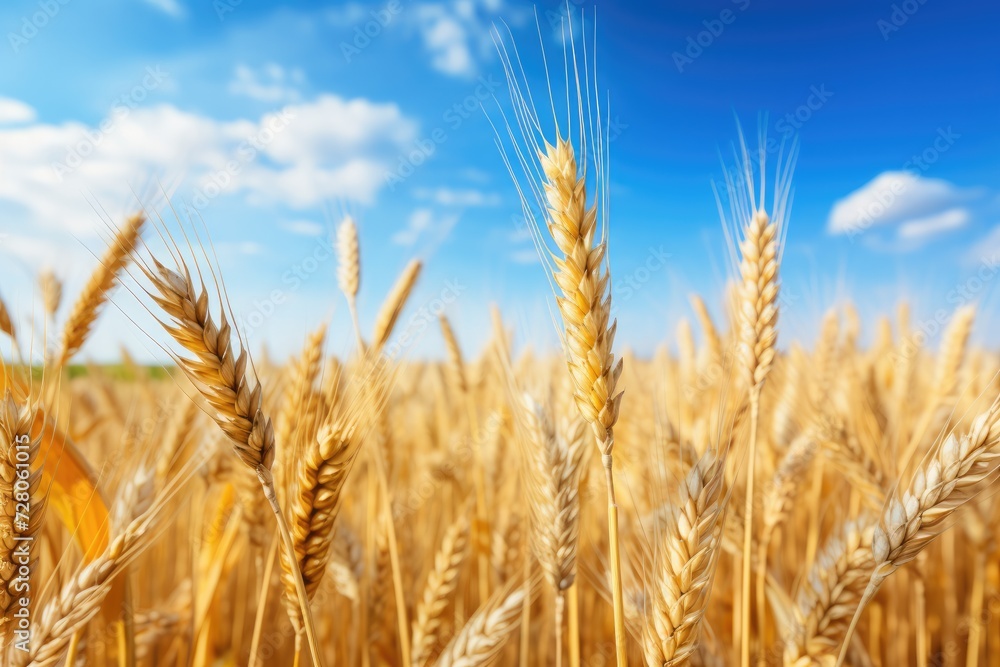 Close up view on wheat field during nice sunny golden hour.  Generative Ai.