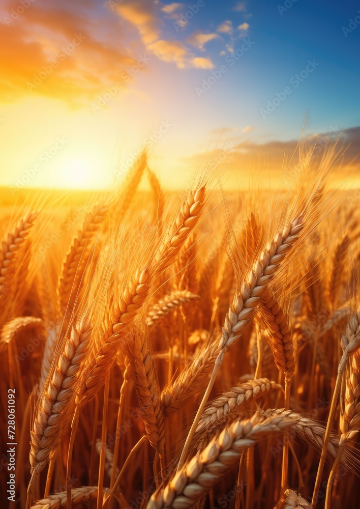 Close up view on wheat field with golden sunset light during sunny summer day. Generative Ai. Close up view on wheat field with golden sunset light during sunny summer day. Generative Ai.