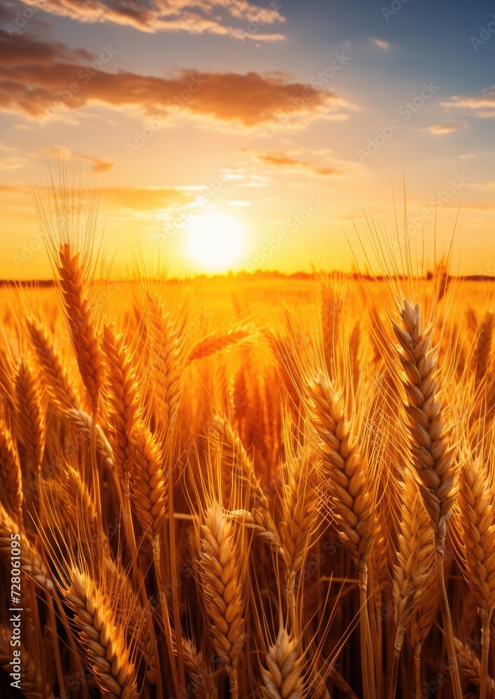 Close up view on wheat field with golden sunset light during sunny summer day. Generative Ai. Close up view on wheat field with golden sunset light during sunny summer day. Generative Ai.