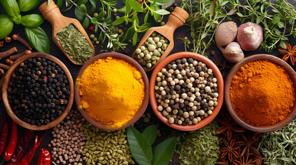 Papier peint photo Cuisine Spices and herbs on wooden background. Food and cuisine ingredients.  © Liliya