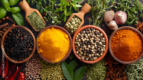 Spices and herbs on wooden background. Food and cuisine ingredients.