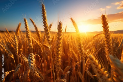 Close up view on wheat field with golden sunset light during sunny summer day. Generative Ai.