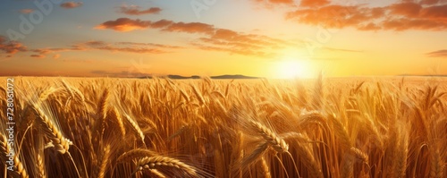 Close up view on wheat field with golden sunset light during sunny day, panorama banner. Generative Ai. © annamaria