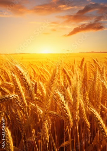 Close up view on wheat field with golden sunset light during sunny summer day. Generative Ai.