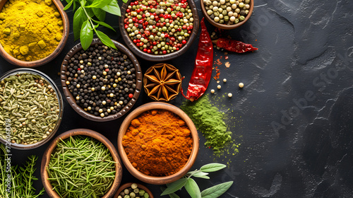 Spices and herbs in wooden bowls on black background, top view