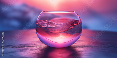 Behälter aus Glas mit pink und lila leuchtender Flüssigkeit als Hintergrundmotiv, ai generativ