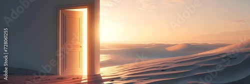 Opened door on desert. Unknown and start up concept. AI Generative 