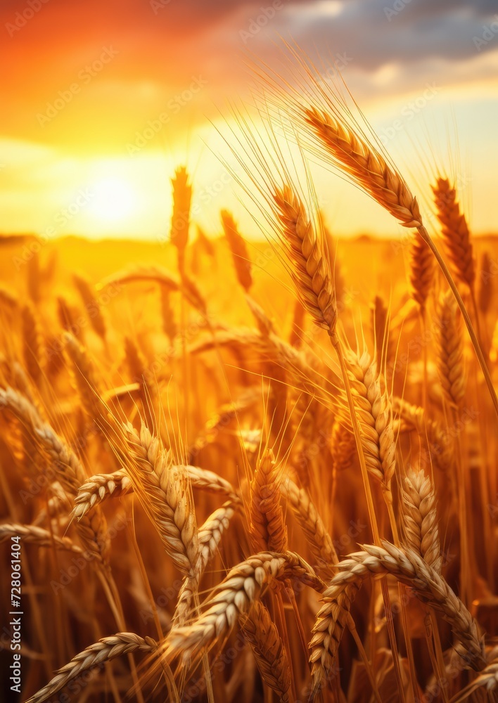 Close up view on wheat field with golden sunset light during sunny summer day. Generative Ai. Close up view on wheat field with golden sunset light during sunny summer day. Generative Ai.