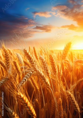 Close up view on wheat field with golden sunset light during sunny summer day. Generative Ai.