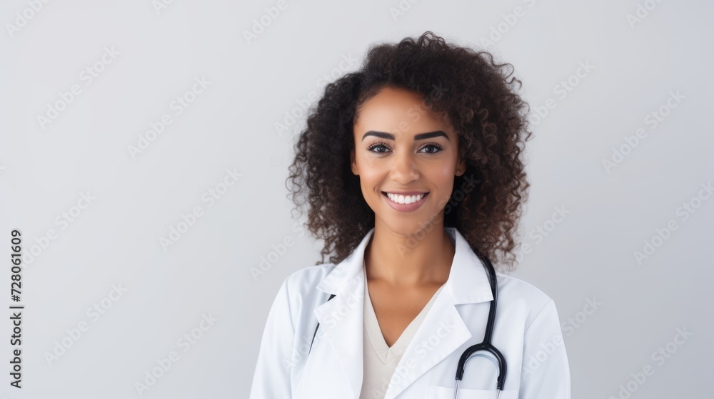 Empowering presence: An African American woman in a white medical coat smiles, radiating authority and warmth against a gray background. Empowering presence: An African American woman in a white medical coat smiles, radiating authority and warmth against a gray background.