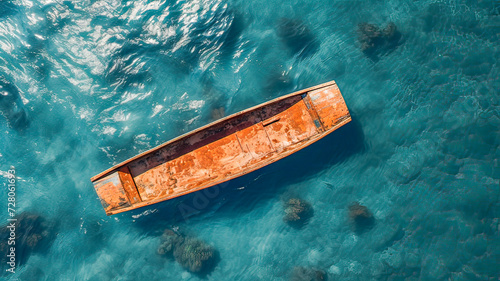 Solitary wooden boat, turquoise sea, sunny. © Rafael Alejandro