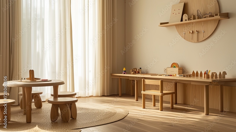 a low wooden table and chair set up, adorned with Montessori materials, creating an inviting and educational environment for children.