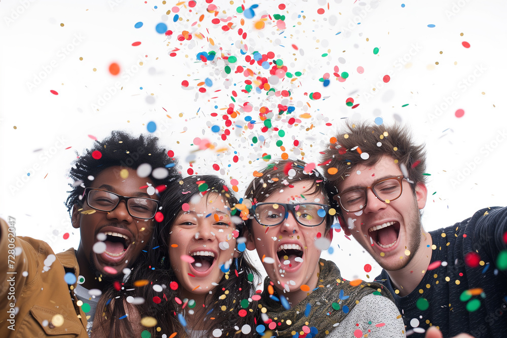 An image portraying a milestone celebration, Employees are commemorating achievements and successes together, Group of young happy smiling people surrounded by confetti isolated on white background An image portraying a milestone celebration, Employees are commemorating achievements and successes together, Group of young happy smiling people surrounded by confetti isolated on white background