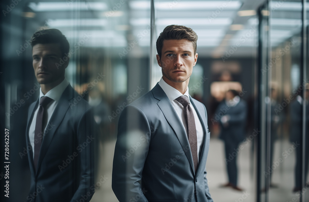 Junger Geschäftsmann sieht aus wie ein Model und spiegelt sich in den Glasfenstern eines modernen Business Gebäudes Junger Geschäftsmann sieht aus wie ein Model und spiegelt sich in den Glasfenstern eines modernen Business Gebäudes