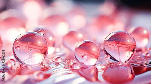 Captivating simplicity water drops delicately reflecting a pink background. A mesmerizing image, perfect for abstract and artistic concepts.