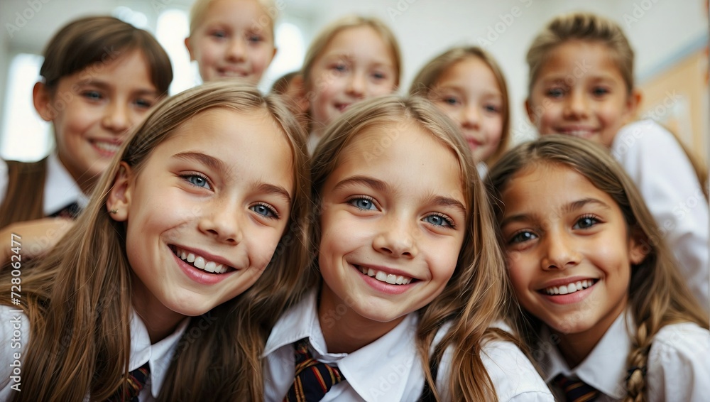 Closeup group selfie of cheerful schoolgirls with vibrant smiles, wearing white shirts and ties, displaying friendship and joy. Closeup group selfie of cheerful schoolgirls with vibrant smiles, wearing white shirts and ties, displaying friendship and joy.