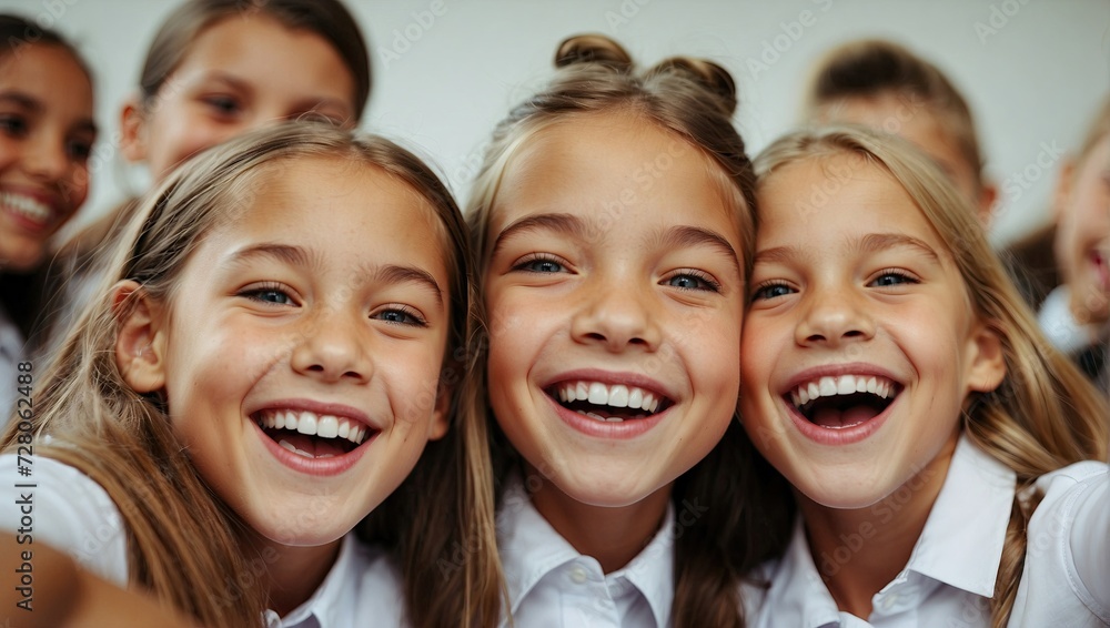 Group of joyful schoolchildren in white shirts taking a closeup selfie, smiling brightly, eyes sparkling with happiness. Group of joyful schoolchildren in white shirts taking a closeup selfie, smiling brightly, eyes sparkling with happiness.