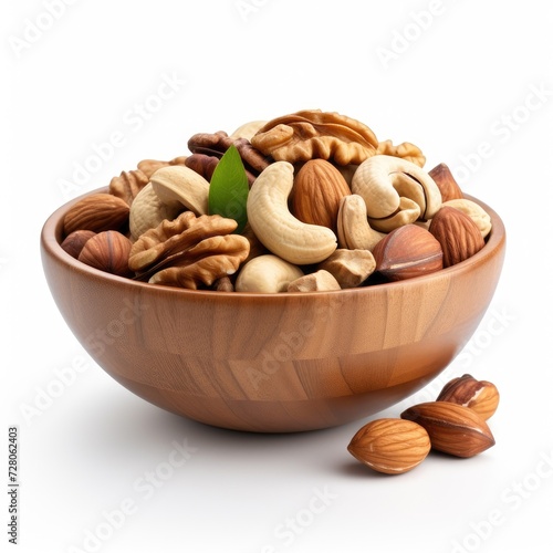 Wooden Bowl full of nuts dry fruits isolated on white background