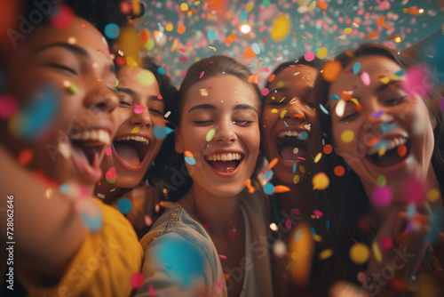 An image portraying a milestone celebration, Employees are commemorating achievements and successes together, A concept photograph of party and festivity, Group of young people surrounded by confetti.