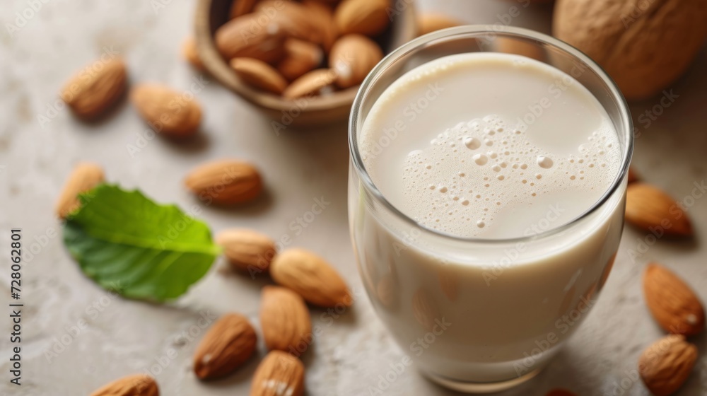 Almond milk in a glass with scattered almonds and a bowl in the backdrop, alternative plant-based vegan lactose-free milk Almond milk in a glass with scattered almonds and a bowl in the backdrop, alternative plant-based vegan lactose-free milk