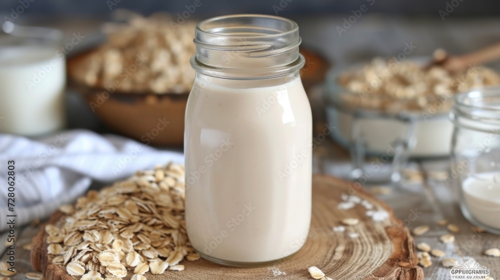Nutritious oat milk with whole oats and wheat on a neutral backdrop, alternative vegan plant-based milk Nutritious oat milk with whole oats and wheat on a neutral backdrop, alternative vegan plant-based milk