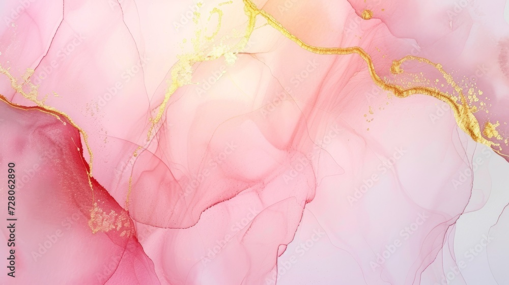 Pink and gold abstract fluid art background with glitter.