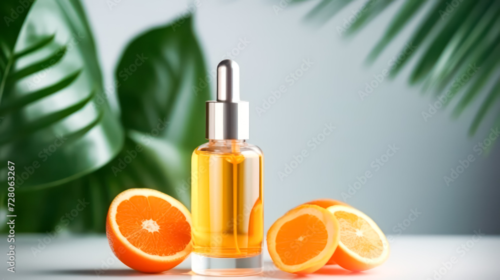 Experience the freshness of cosmetics with a glass bottle set against a backdrop of vibrant citrus fruits. A zesty and invigorating image for beauty and skincare concepts. Experience the freshness of cosmetics with a glass bottle set against a backdrop of vibrant citrus fruits. A zesty and invigorating image for beauty and skincare concepts.