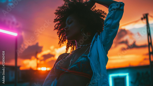 Beautiful sexy African American woman dancing on the street, sunset, neon light. Trendy background. 