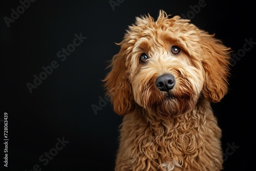 Goldendoodle dog on black background, in the style of photo-realistic hyperbole, anemoiacore, dansaekhwa, lively facial photo